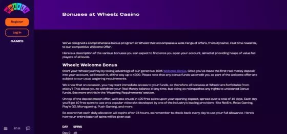 Bonuses Wheelz Casino
