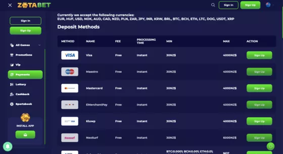 zotabet casino payment systems