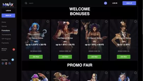 Bonuses Mirax Casino