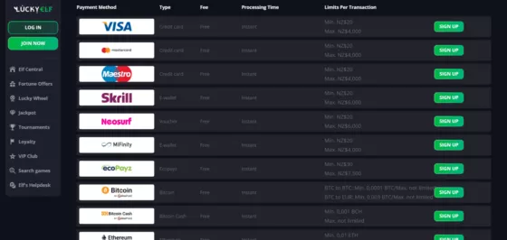 Payment systems LuckyElf Casino
